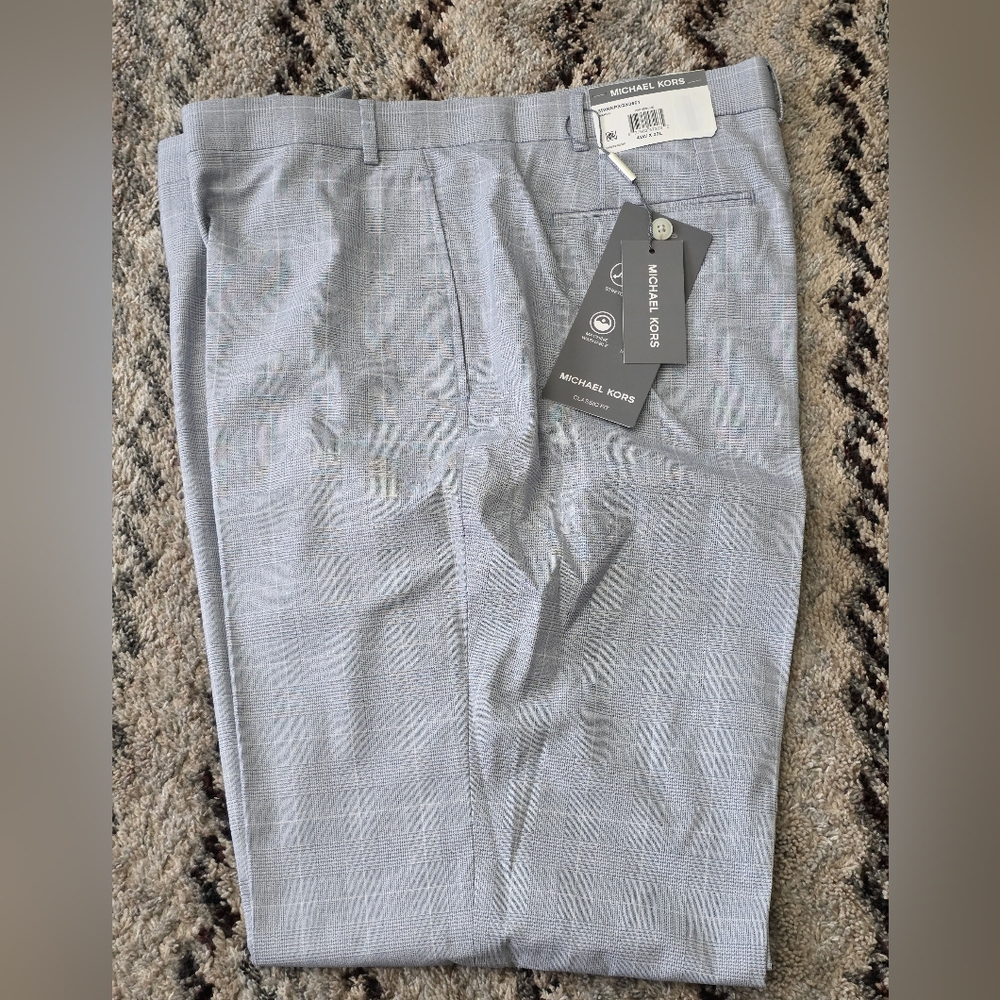 Michael Kors Men's Classic Dress Pants 42x32 White Blue Plaid NWT $95 MSRP